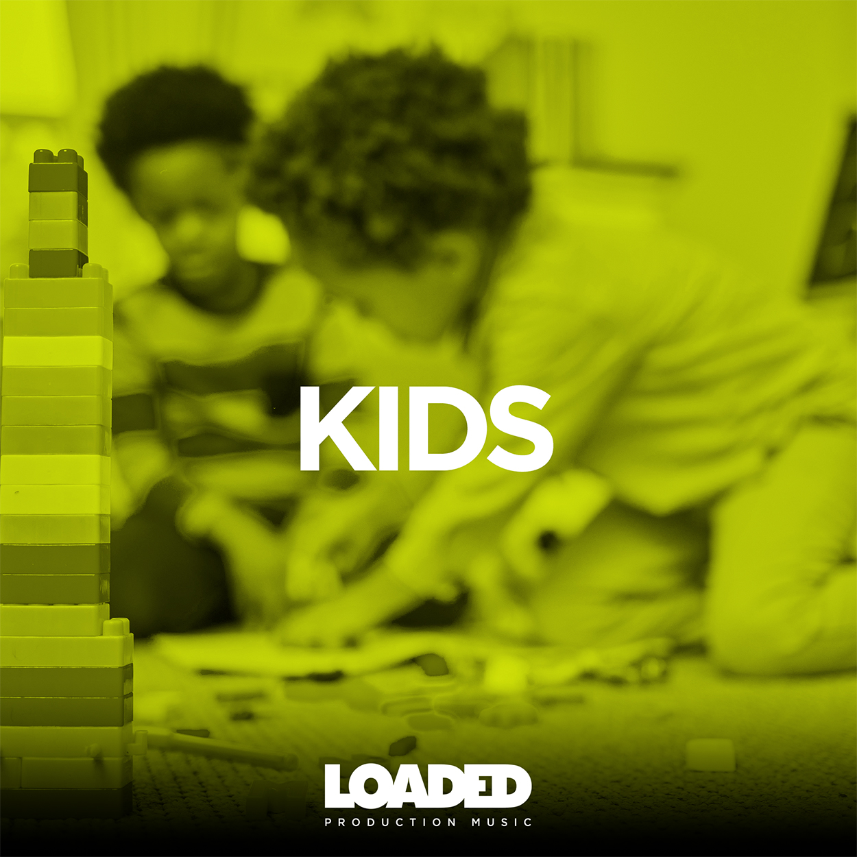 Kids playlist cover art with two children playing with blocks